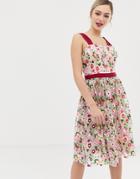 Chi Chi London Square Neck Embroidered Midi Prom Dress In Multi