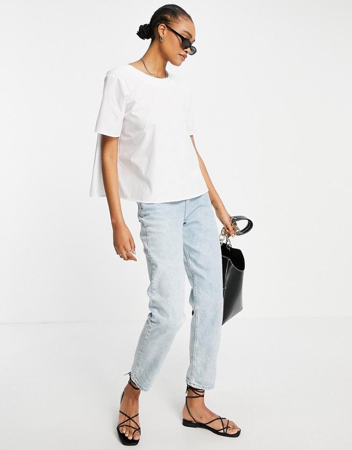 Asos Design Short Sleeve Cotton Top With Back Pleating In Ivory-white