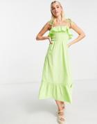 New Look Tie Strap Shirred Midi Dress In Light Green