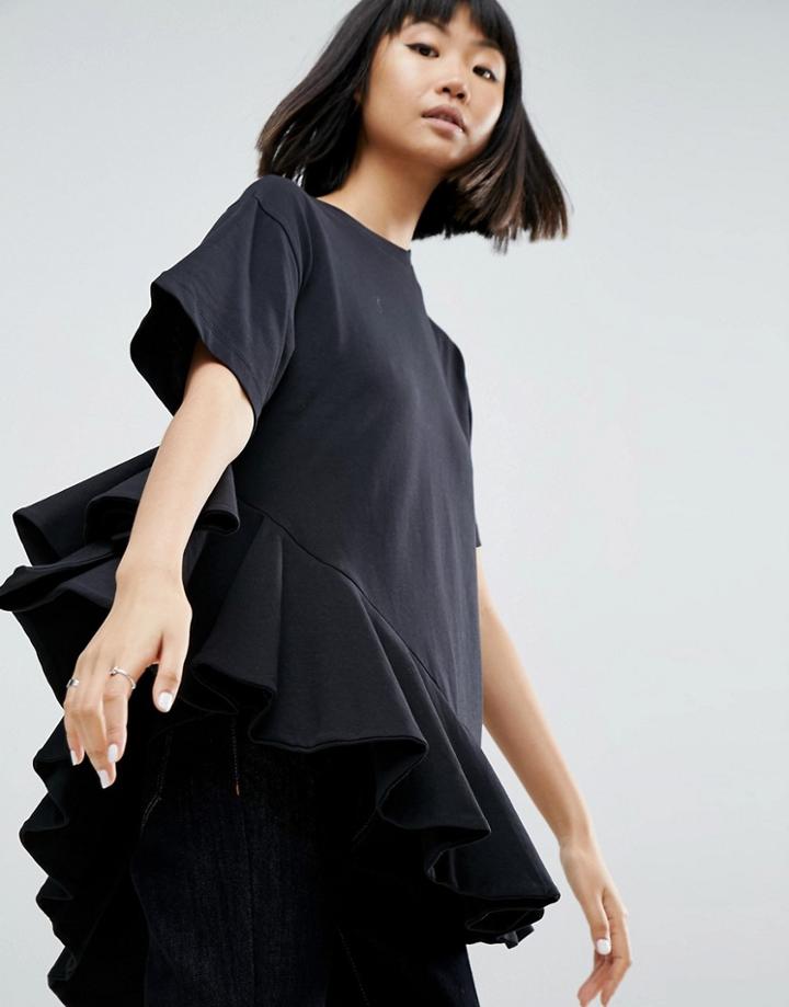 Asos White Asymmetric Frill Top - Black