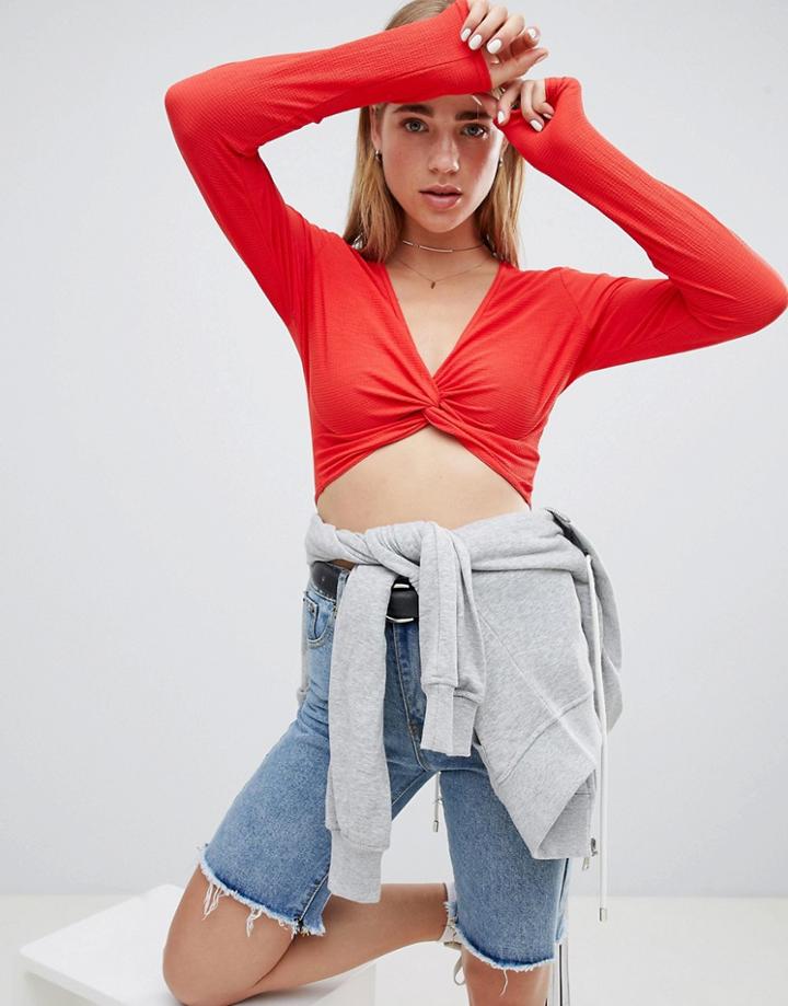Nobody's Child Twist Front Long Sleeved Crop Top - Red