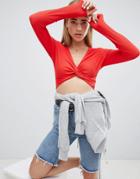 Nobody's Child Twist Front Long Sleeved Crop Top - Red