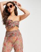 South Beach Paisley Chiffon Bandeau Tie Front Top And Loose Fitting Pants Set In Paisley-red