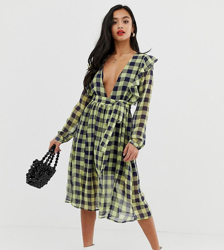 Glamorous Petite Plunge Front Midi Dress With Tie Waist In Contrast Check-navy