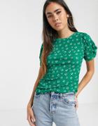 River Island Knot Sleeve T-shirt In Green Print
