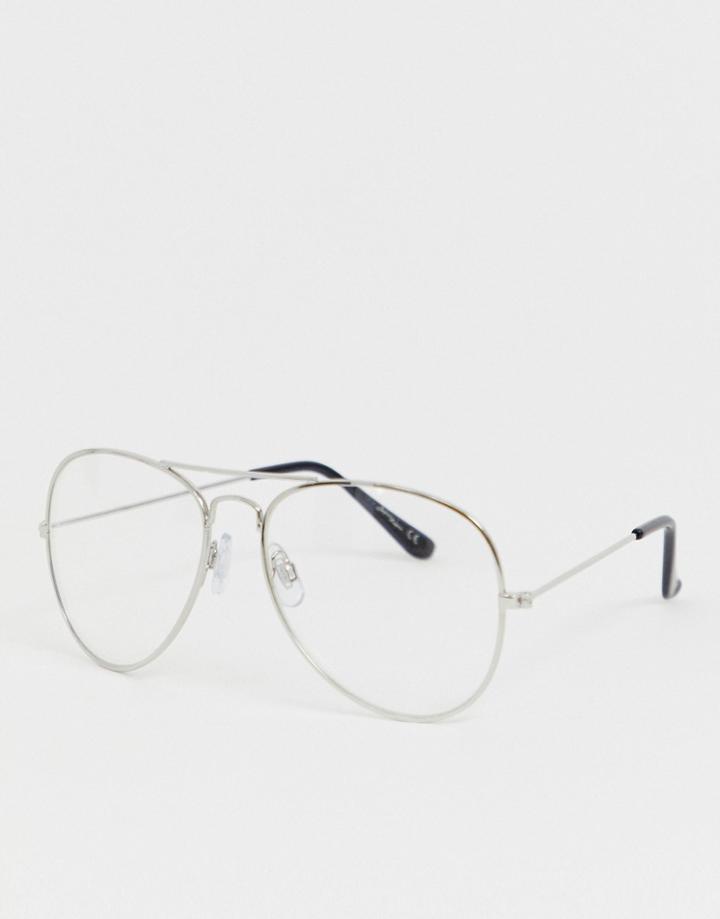 Jeepers Peepers Clear Lens Aviator Glasses In Silver - Silver
