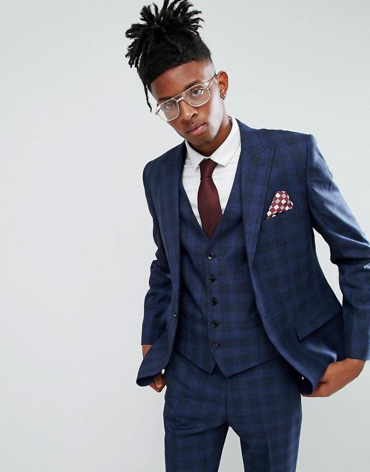 Rudie Blue Prince Of Wales Check Skinny Fit Suit Jacket