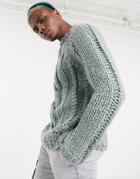 Asos Design Heavyweight Hand Knitted Cable Turtleneck Sweater In Silver Blue-gray