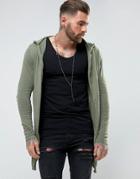 Asos Knitted Hooded Cardigan With Curved Hem In Khaki - Green