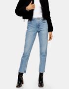 Topshop Straight Jeans With Stitched Hem In Bleach Wash-black