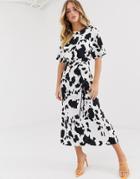 Asos Design Ruched Skirt Midi Dress In Cow Print - Multi