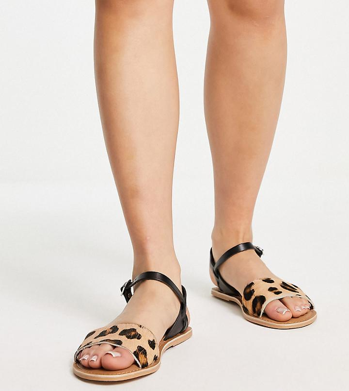 London Rebel Leather Wide Fit Two Part Flat Sandals In Black And Leopard-multi