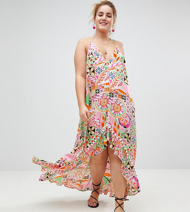 Asos Curve New Retro Print Pom Pom Trim High Low Hem Maxi Beach Dress - Multi