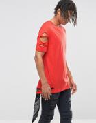 Asos Longline T-shirt With Rips And Slash Distress In Red - High Risk Red