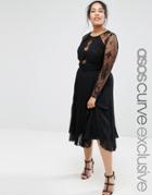 Asos Curve Pretty Lace Eyelash Pleated Midi Dress - Black