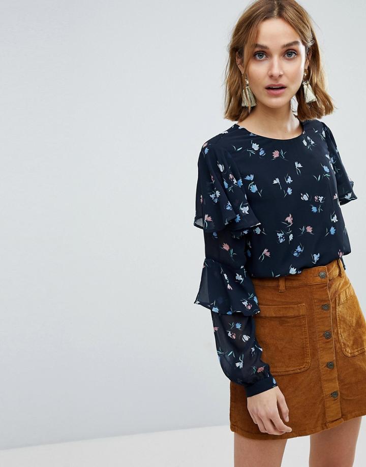 Vero Moda Ditsy Printed Top With Ruffle Sleeves - Navy