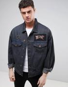 Asos Oversized Denim Jacket With Patches And Heavy Wash - Blue