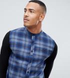 Siksilk Grandad Collar Check Shirt In Blue With Jersey Sleeves Exclusive To Asos