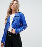 Prettylittlething Leather Look Biker Jacket - Blue