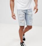 Asos Tall Denim Shorts In Slim Light Wash With Heavy Rips - Blue