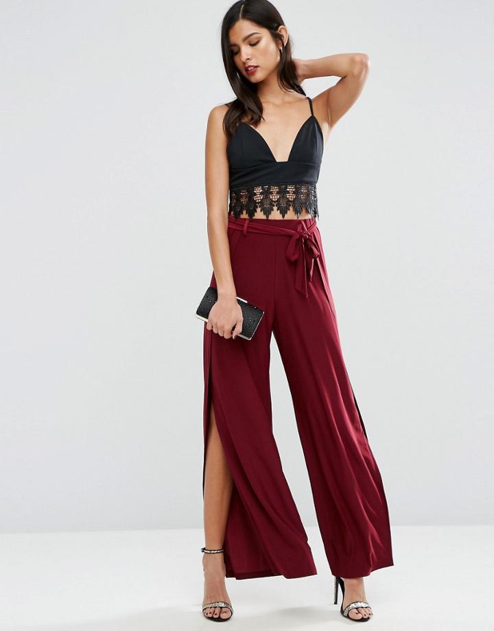 Asos Slinky Wide Leg Pants With Splits And Obi Tie - Red