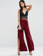 Asos Slinky Wide Leg Pants With Splits And Obi Tie - Red