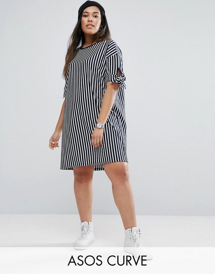 Asos Curve T-shirt Dress In Stripe With Bow Sleeve - Multi