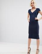 Asos Seamed Structured Rib Bodycon Midi Dress With V Neck - Navy