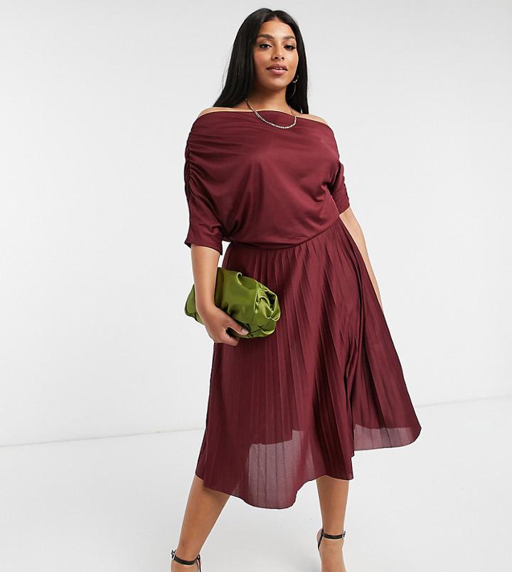 Asos Design Curve Exclusive Fallen Shoulder Pleated Skater Midi Dress In Burgundy-multi