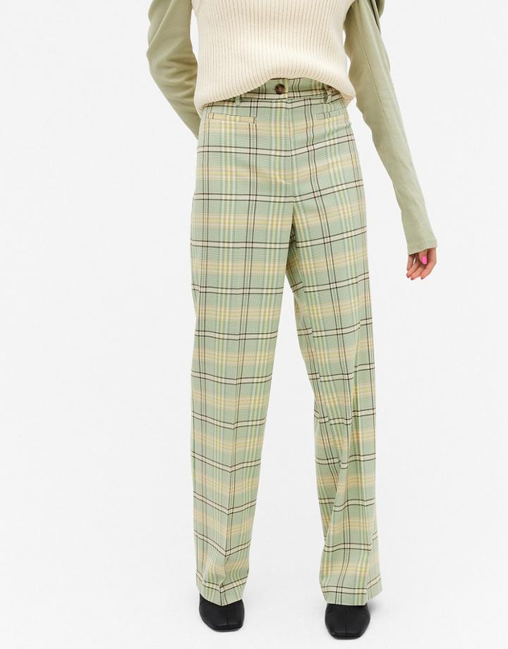 Monki Stacy Check Flared Pants In Green-purple