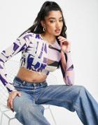 Monki Mesh Long Sleeve Crop Top In Purple Graphic Print