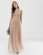 Maya Bridesmaid Halter Neck Maxi Tulle Dress With Tonal Delicate Sequins In Taupe Blush - Brown