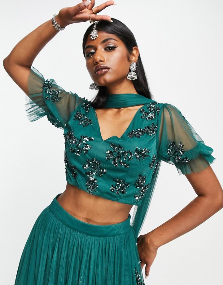 Maya V Neck Embellished Lehenga Crop Top In Emerald Green