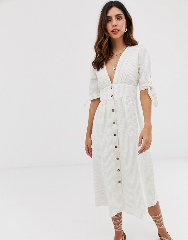Vero Moda Stripe Button Through Midi Dress In Casual Textured Cotton - Multi