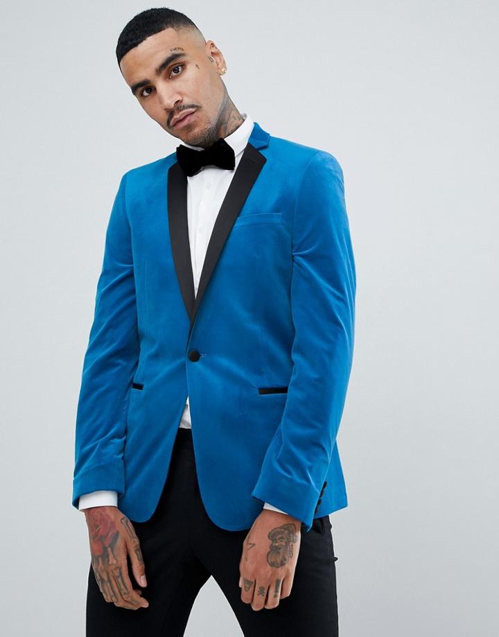Asos Design Skinny Blazer In Bright Blue Velvet - Blue