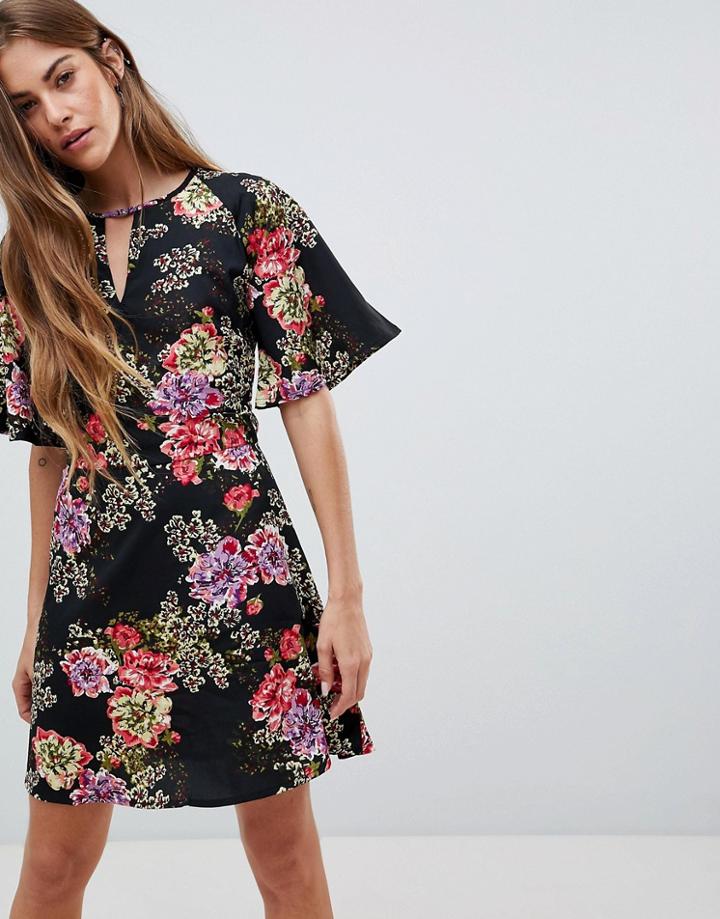 Daisy Street Floral Print Dress With Split Neck Detail - Black