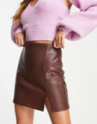 Miss Selfridge Faux Leather Mini Skirt With Side Slit In Chocolate-brown