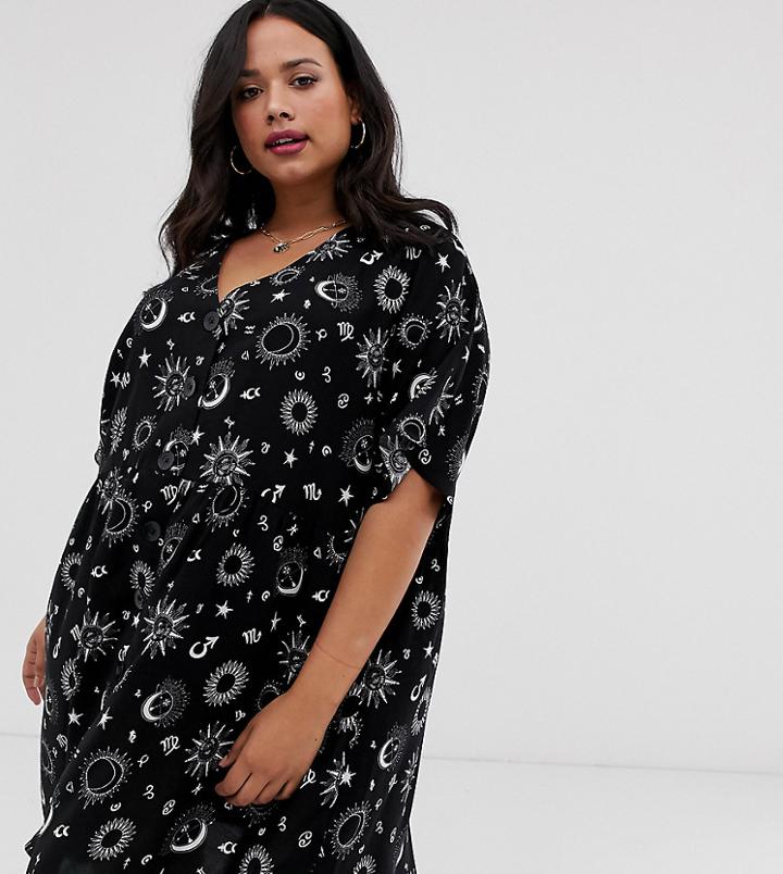 Asos Design Curve V Neck Button Through Mini Smock Dress In Zodiac Print - Multi