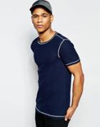 Asos Muscle T-shirt In Fine Waffle With Contrast Flatlock In Navy - Navy