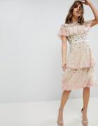 Needle & Thread Tiered Midi Dress With Embroidery And Lace Detail - Pink