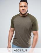 Asos Plus T-shirt With Contrast Raglan Sleeves In Green Marl - Green