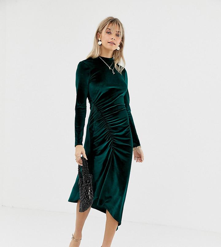 Reclaimed Vintage Inspired Midi Velvet Dress With Ruched Hem - Green