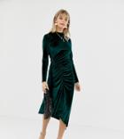 Reclaimed Vintage Inspired Midi Velvet Dress With Ruched Hem - Green