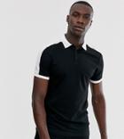 Asos Design Tall Organic Polo Shirt With Contrast Shoulder Panel In Black