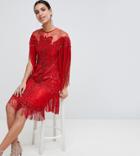 A Star Is Born Tassel Midi Dress With All Over Sequins - Red