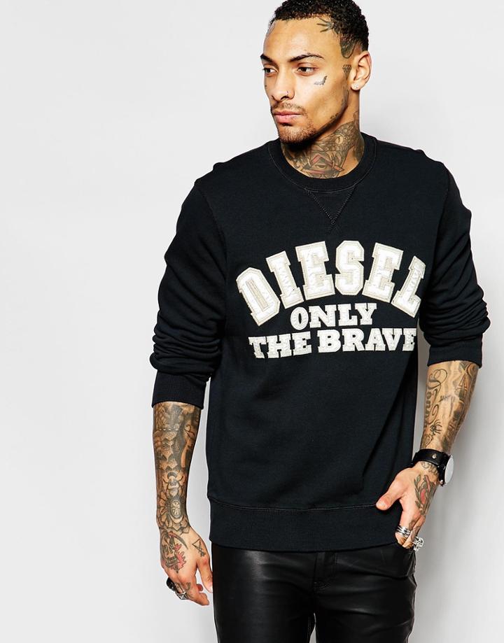 Diesel Crew Sweatshirt S-joe-b Satin Logo Applique In Black - Black