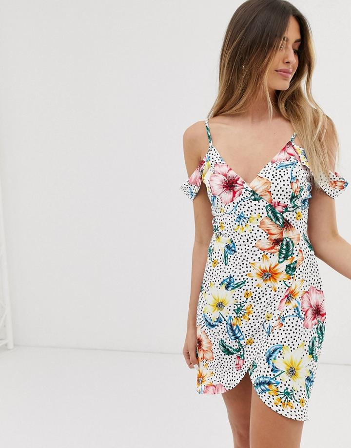 Parisian Wrap Front Dress With Drop Shoulder In Floral Polka Dot-white
