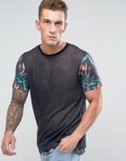 Asos Longline T-shirt With Contrast Floral Sleeves & Hem Extender In Linen Look - Black