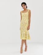 Jarlo Square Neck All Over Lace Embroidered Midi Dress In Yellow - Yellow