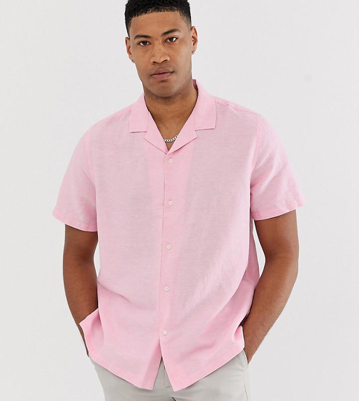 Asos Design Tall Oversized Linen Shirt With Revere Collar In Pink - Pink